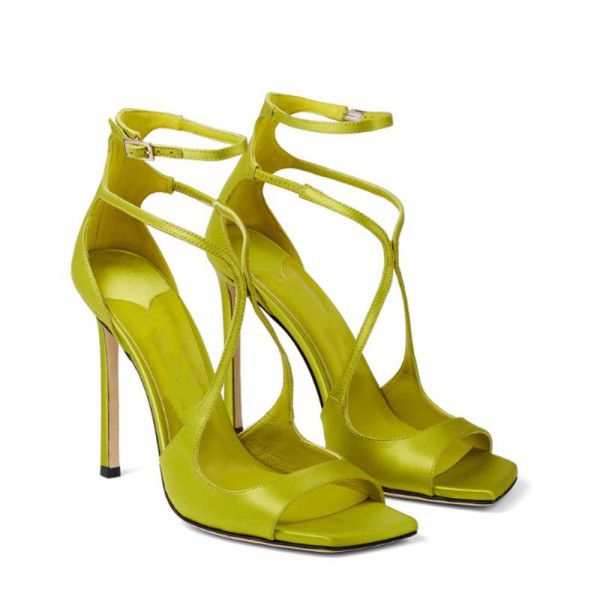 New Square Head Fish Mouth Ultra High Heel Cross Strap Thin High Heel Large Hollow Sandals for Women 
