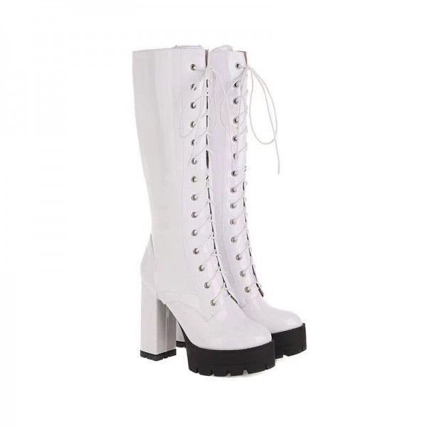New Style Knight Boots Super High Heel Lace up Lacquer Leather Fashion Women's Boots 