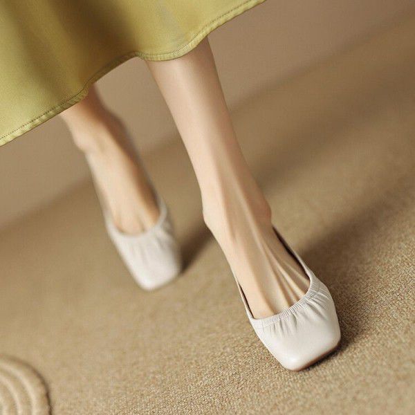 Spring New Square Headed Thick Heel Low Heel Pullover Single Shoes Beige White Black Apricot Versatile Comfortable Women's Shoes 
