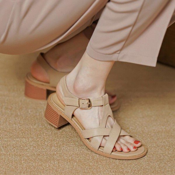 Spring/Summer Roman Style Retro Belt Buckle Thick Heel Women's Sandals Casual Full Leather Commuter Mid High Heels 