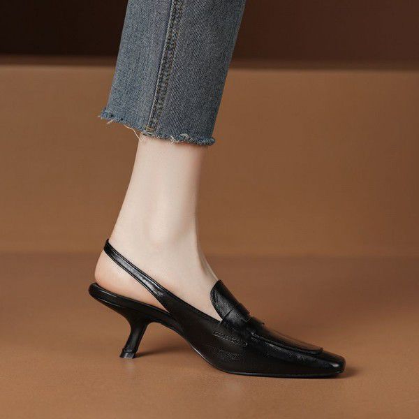 Black Baotou Sandals for Women, Small, Square Head, Thin Heel, Back Empty Single Shoe, Cowhide Temperament, High Heel Sandals 