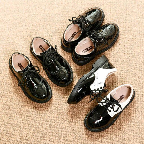 Children's leather shoes, boys' middle and high school children's primary school children's small leather shoes, Korean version, soft soled flower children's black performance shoes 