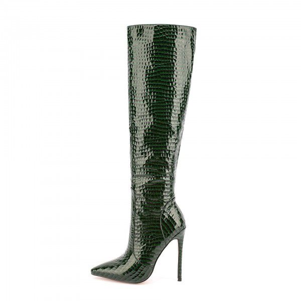 Metal stone patterned pointed toe thin heeled mid length boots can be made with single lining and added colors 