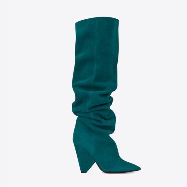 Women's shoes pleated long tube shaped heel pointed boots with stitching and cuffed elastic boots 