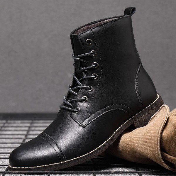 New autumn and winter plush Martin boots for men's oversized pointed vintage leather boots, high top casual leather shoes, cotton boots 