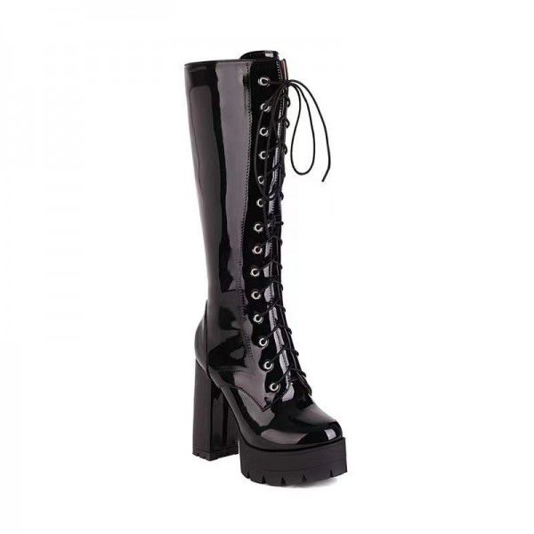 New Style Knight Boots Super High Heel Lace up Lacquer Leather Fashion Women's Boots 