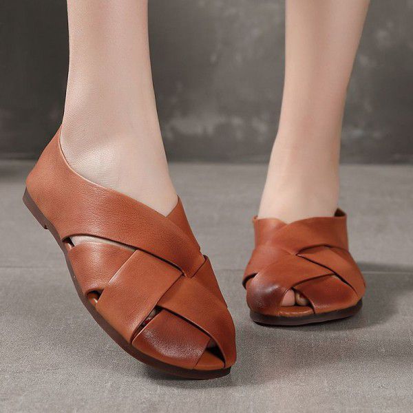 Spring and Summer New Women's Shoe Top Layer Cowhide Comfortable Soft Sole Round Head Hollow Flat Sole Single Shoe 