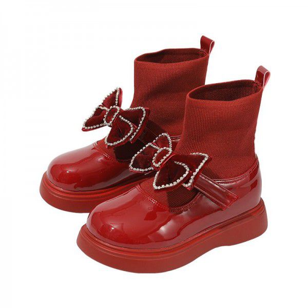 Girls' short boots=new autumn and winter bow knot children's princess single boot soft sole baby socks leather boots 