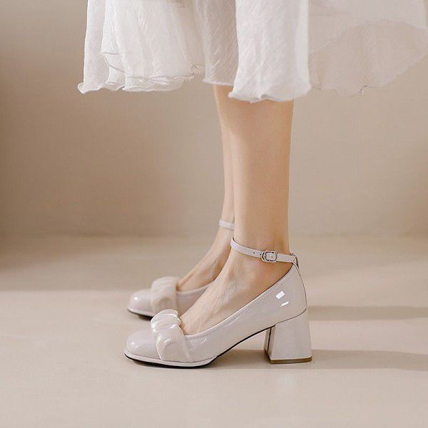 High Heel Women's Mary Jane Shoes Spring New Women's Shoes Fairy Style Ribbon Square Head Thick Heel Shoes Large 