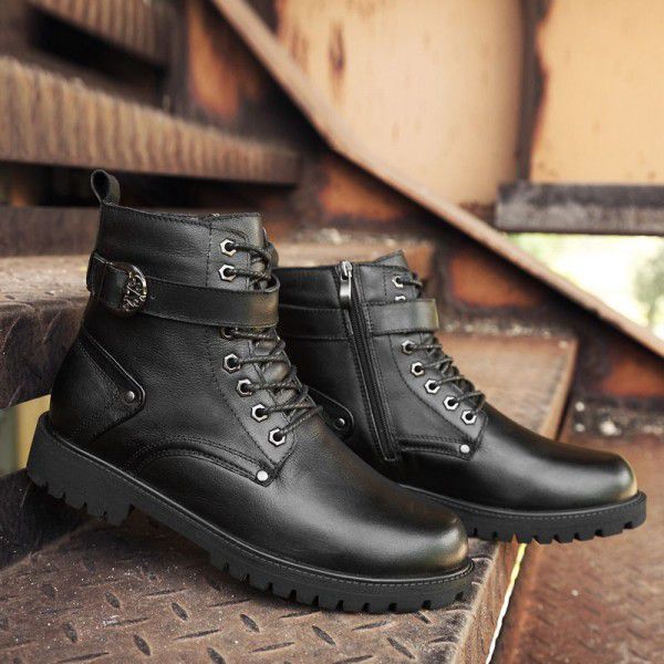 Winter plush insulation cotton boots with cowhide top layer for men's boots Martin boots, high top casual short boots 