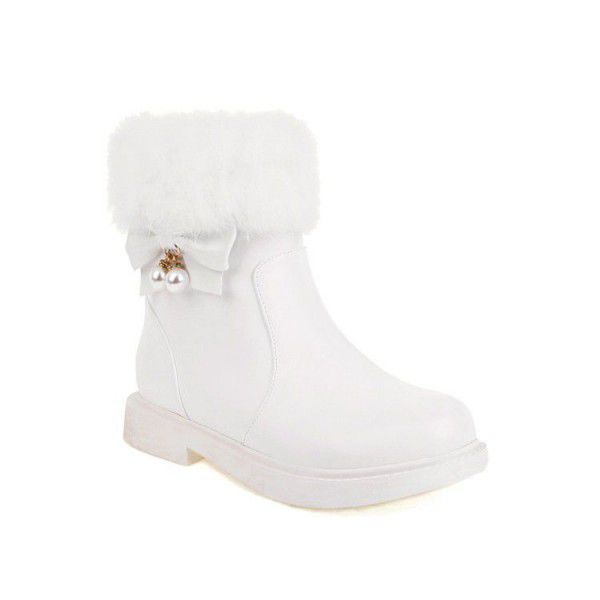 Girls' short boots, spring and autumn children's boots, big boys' flower little girls' plush winter princess ankle boots, snow boots 