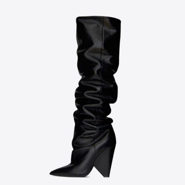 Women's shoes pleated long tube shaped heel pointed boots with stitching and cuffed elastic boots 