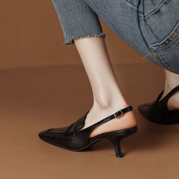 Black Baotou Sandals for Women, Small, Square Head, Thin Heel, Back Empty Single Shoe, Cowhide Temperament, High Heel Sandals 