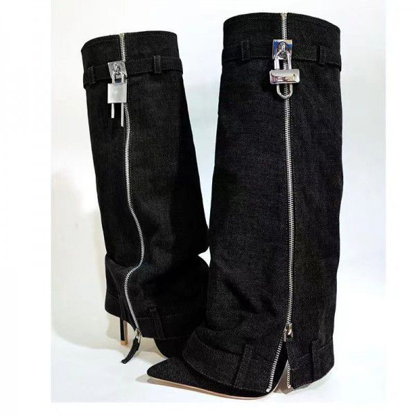 New pointy Cowboy boot skirt shark high heels women's boots large size long tube belt buckle thin heels women's shoes 
