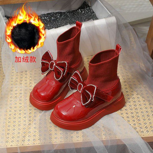 Girls' short boots=new autumn and winter bow knot children's princess single boot soft sole baby socks leather boots 