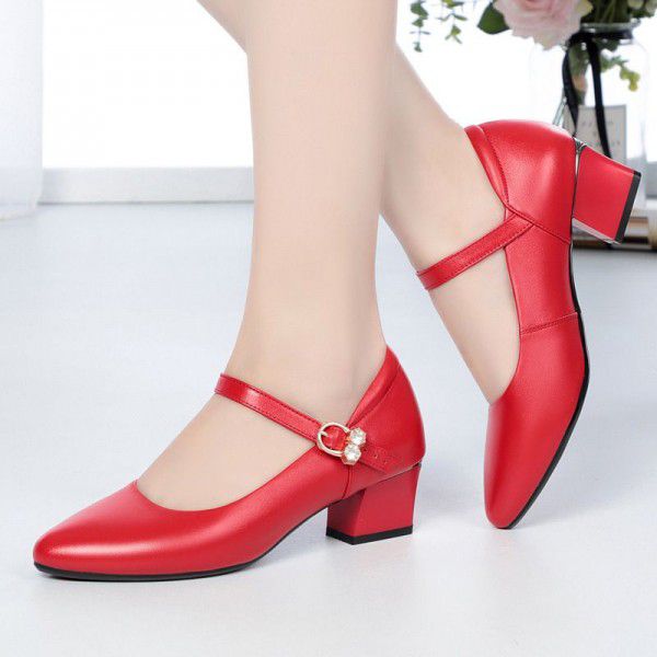 Spring and Autumn New Korean Version Medium Heel Shallow Mouth Work Shoes Flat Heel Thick Heel Red Wedding Shoes One Button Women's Single Shoes 