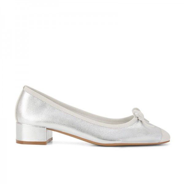 French sheepskin square toe bow thick heeled ballet shoes for women's singles 