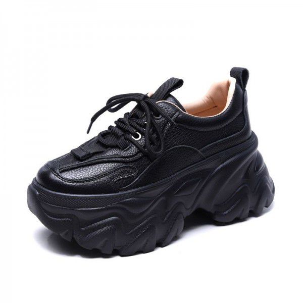Sporty casual lace up women's shoes with genuine leather thick soles and high heels, dad's shoes and single shoes 