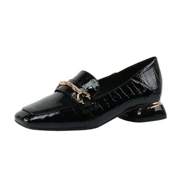 Small leather shoes women's new autumn square head thick heel patent leather Slip-on shoe French British style medium heel sheepskin shoes 