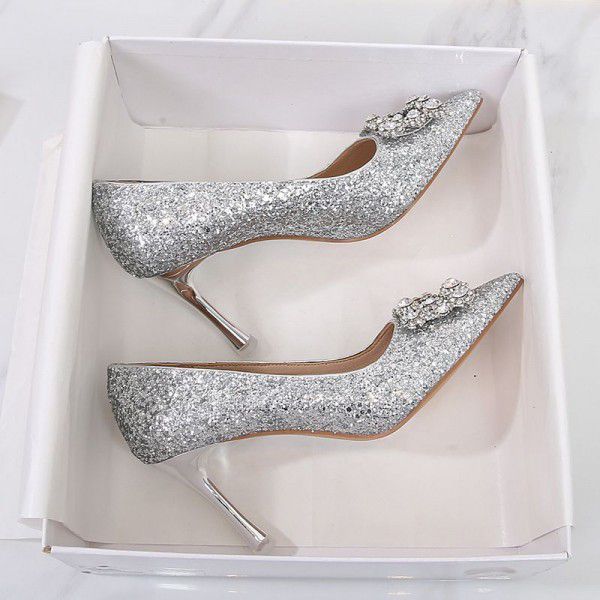 New Summer Crystal High Heels Wedding Shoes Black Professional Work Shoes Formal Water Diamond Square Button Women's Single Shoes 