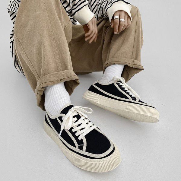 Couple shoes, men's canvas shoes, spring new versatile casual breathable men's shoes, trendy brand black and white color matching single shoes 
