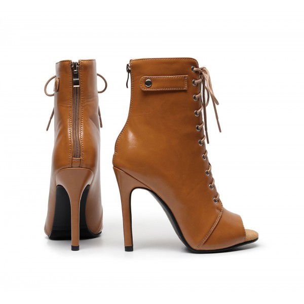 Women's Spring and Summer Thin Heel Hollow Short Boots Lace up High Heels Large Sandals 