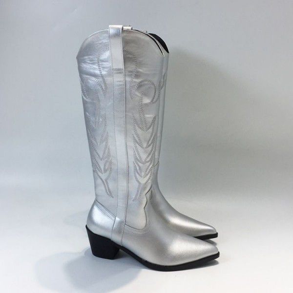 High boots, silver embroidery, Chelsea long boots, Western denim style knight boots 