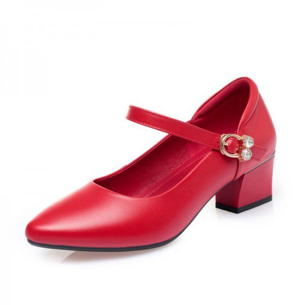 Spring and Autumn New Korean Version Medium Heel Shallow Mouth Work Shoes Flat Heel Thick Heel Red Wedding Shoes One Button Women's Single Shoes 