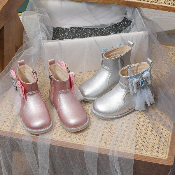 Girls' Short Boots Autumn New Children's Single Boots Little Girls English Style Leather Boots Bow Knot Plush Boots 