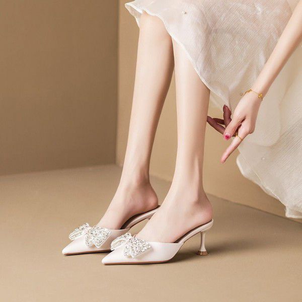 Advanced High Heel Baotou Half Slippers Women's Sandals New Style Pointed Thin Heel Bow 