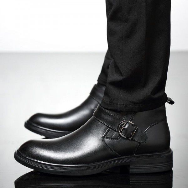 Men's leather boots, new top layer cowhide black high cut Martin boots, men's business casual plush short boots 