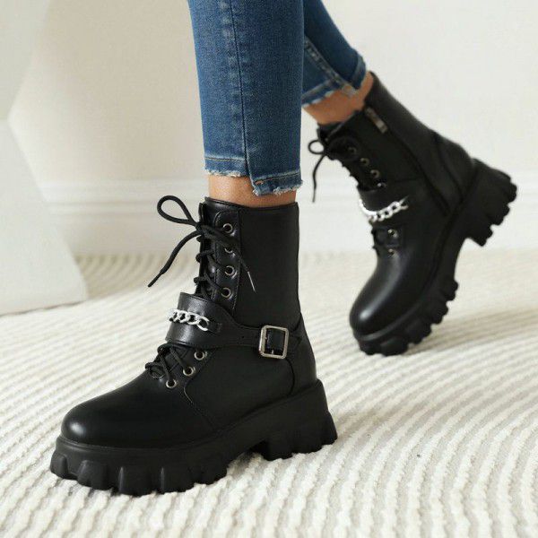 British Martin Boots Zipper Front Lace up Matsutake Thick Bottom Short Boots Belt Buckle Women's Motorcycle Boots 