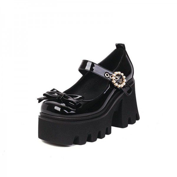 Thick soled Mary Jane shoes, patent leather, spring and autumn new bow tie, thick heels, super high heels, women's single shoes, British style small leather shoes 