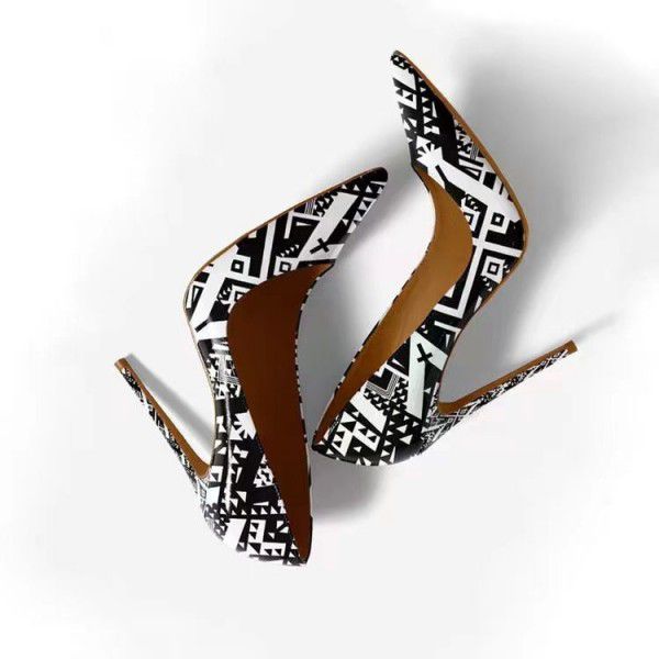 Women's fashion single shoe with pointed print thin heels Women's shoes with high heels 