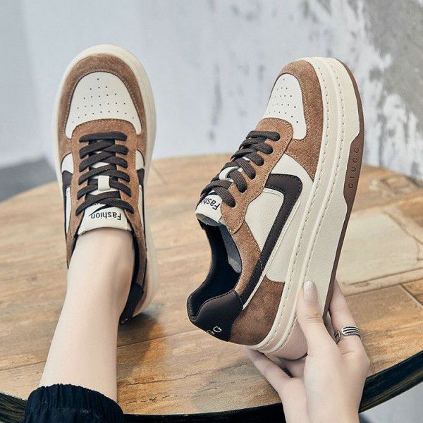 Top layer cowhide small white shoes for women's new women's shoes, Korean version versatile round head color matching thick sole bread casual sports board shoes 