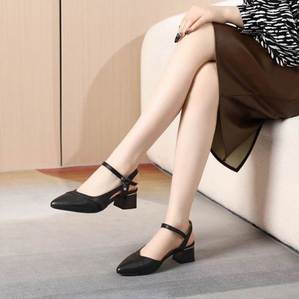 High heeled women's sandals Summer new leather pointed thick heeled women's shoes 