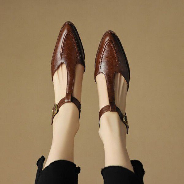 Spring/Summer New Pointed Big Heel Baotou Heel T-shaped Buckle Strap Sandals 