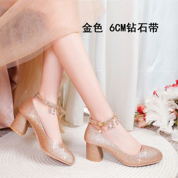 Silver single shoe women's dress with round toe high heels 