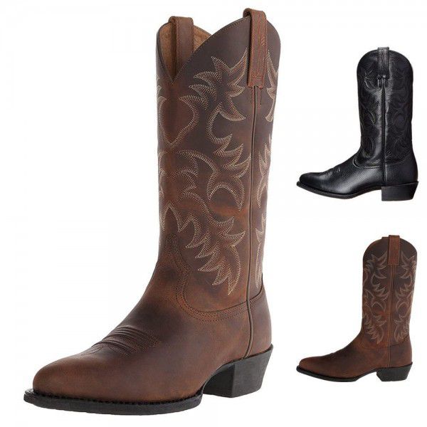 Embroidered high-heeled men's wooden root mid sleeve boots Western Cowboy boot Winter 