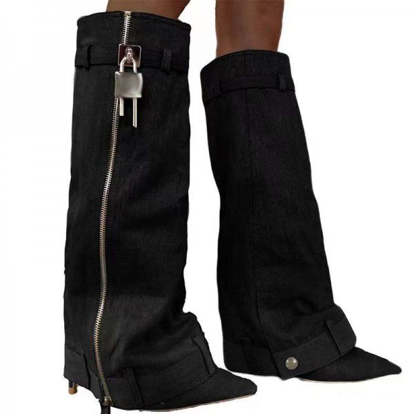 New pointy Cowboy boot skirt shark high heels women's boots large size long tube belt buckle thin heels women's shoes 
