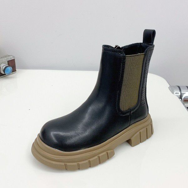 Girls' Martin Boots Winter New Children's Shoes Children's Velvet Warm Cowhide Short Boots Little Girls' Smoke Pipe Boots 