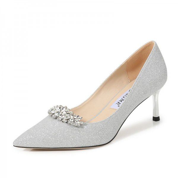 Spring and Summer New Silver High Heels Slim Heel Pointed Full Diamond Crystal Wedding Bridesmaid Shoes 