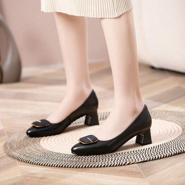 Cowhide Fashion Women's Heels Spring New Genuine Leather Thick Heels Fashion Shallow Mouth Single Shoes 