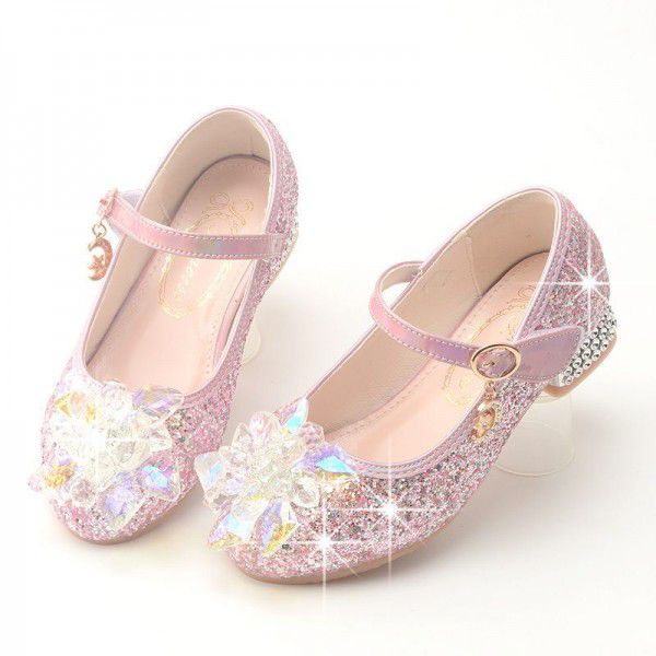 Children's high heels, spring and autumn seasons, little girls' shallow mouth single shoes, princess high heels, crystal shoes, girls' leather shoes 
