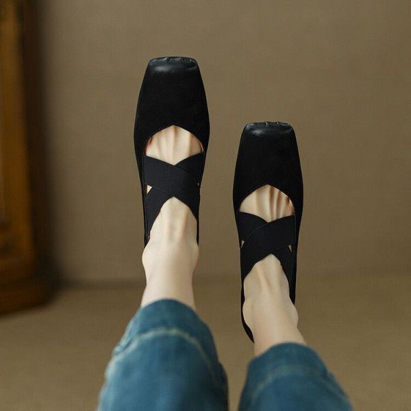 Spring and Autumn Korean Cross Elastic Band Ballet Shoes with Thick Heels, Square Head, Deep Mouth Women's Single Shoes, Cowhide, Vintage High Heels 
