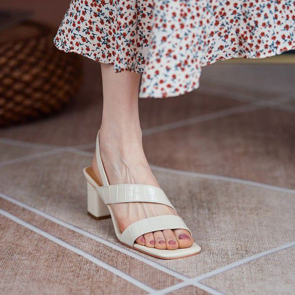 Summer New Versatile Thick Heel Open Toe Sandals Strap White High Heels Square toe Shoes Children Caligae Shoes 