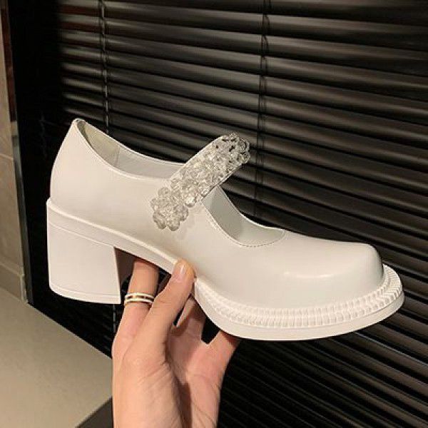 Spring New White Big Head Shoes Women's Japanese Small Leather Shoes Round Head Thick Heels Single Shoes Retro Water Diamond Mary Jane Shoes 