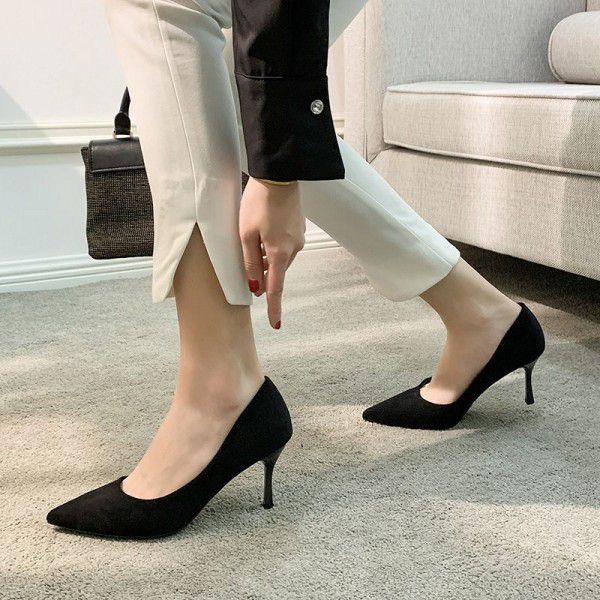 Single shoe slim heeled mid heeled high heeled spring new slim heeled black suede ceremonial shoes 