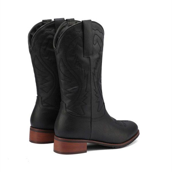 Martin boots square head V-neck embroidery Cowboy boot thick heel brown cavalry men's boots 