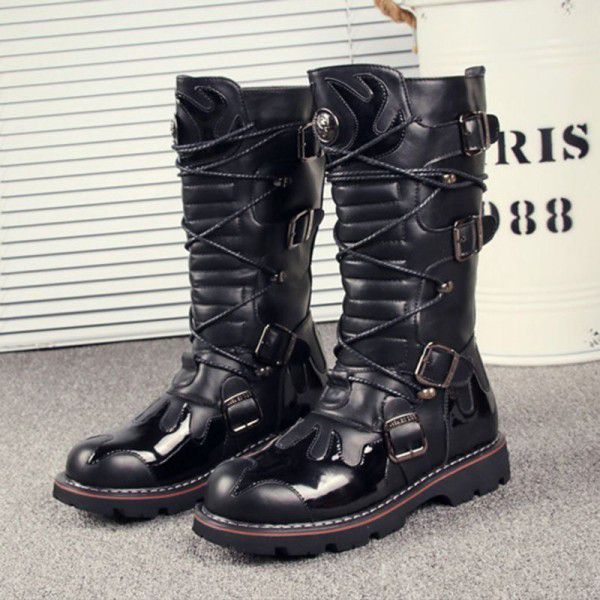 Korean version thick soled men's high tube big head leather boots totem fashion boots long tube shoes work clothes 
